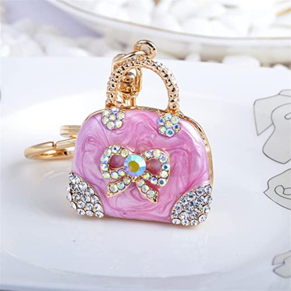 Rhinestone Bling Pink Purse Gold Tone Handbag Key Chain